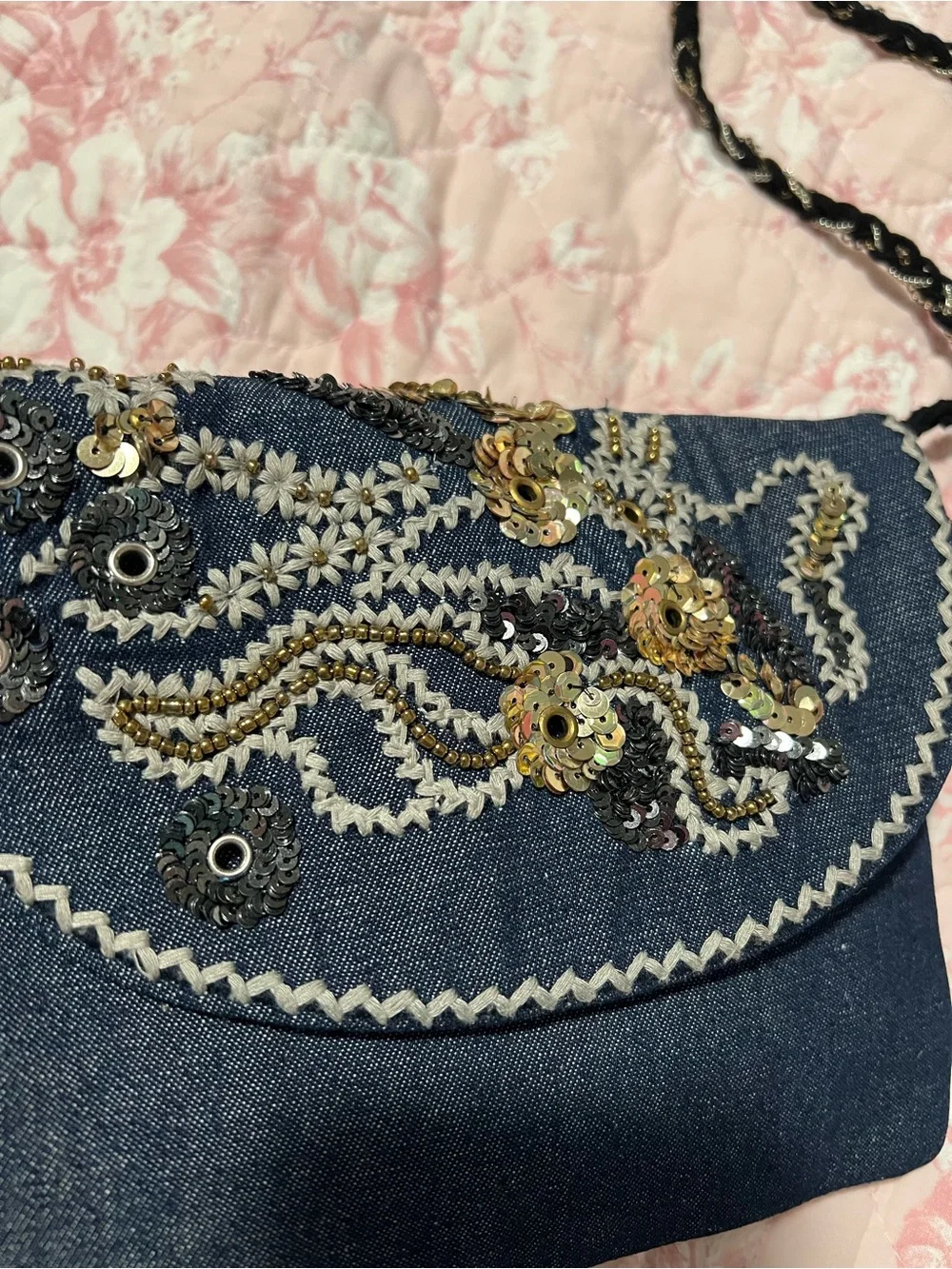 Embellished Dark Blue Denim Crossbody Bag